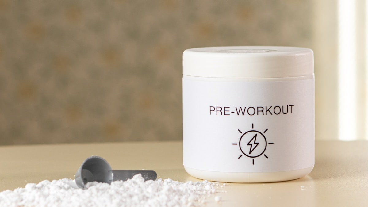 Pre-work powder in jar with measuring scoop on the table, gym nutrition